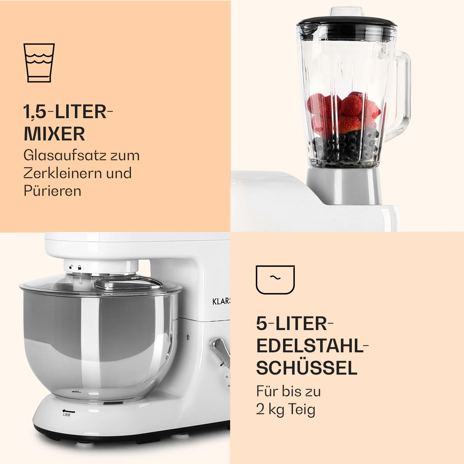 Lucia Küchenmaschine 3-in-1 2000 W / 2,7 PS 5 Ltr Edelstahl BPA-frei Lucia Küchenmaschine 3-in-1 2000 W / 2,7 PS 5 Ltr Edelstahl BPA-frei -Deutschland Klarstein Verkaufs-Shop 10008236 de 0006 logo