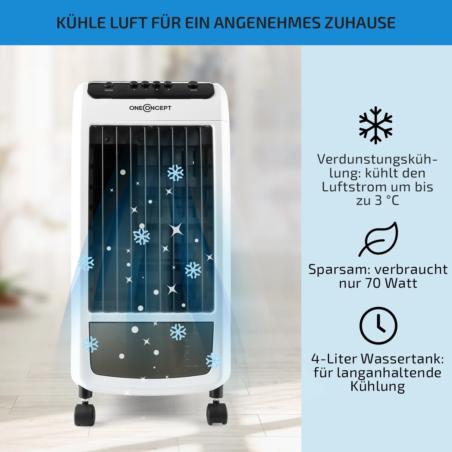 Carribean Blue 3-in-1 Luftkühler 402 m3/h 70 W 4 Ltr Oszillation mobil Carribean Blue 3-in-1 Luftkühler 402 M3/h 70 W 4 Ltr Oszillation Mobil -Deutschland Klarstein Verkaufs-Shop 10028181 de 0002 usp