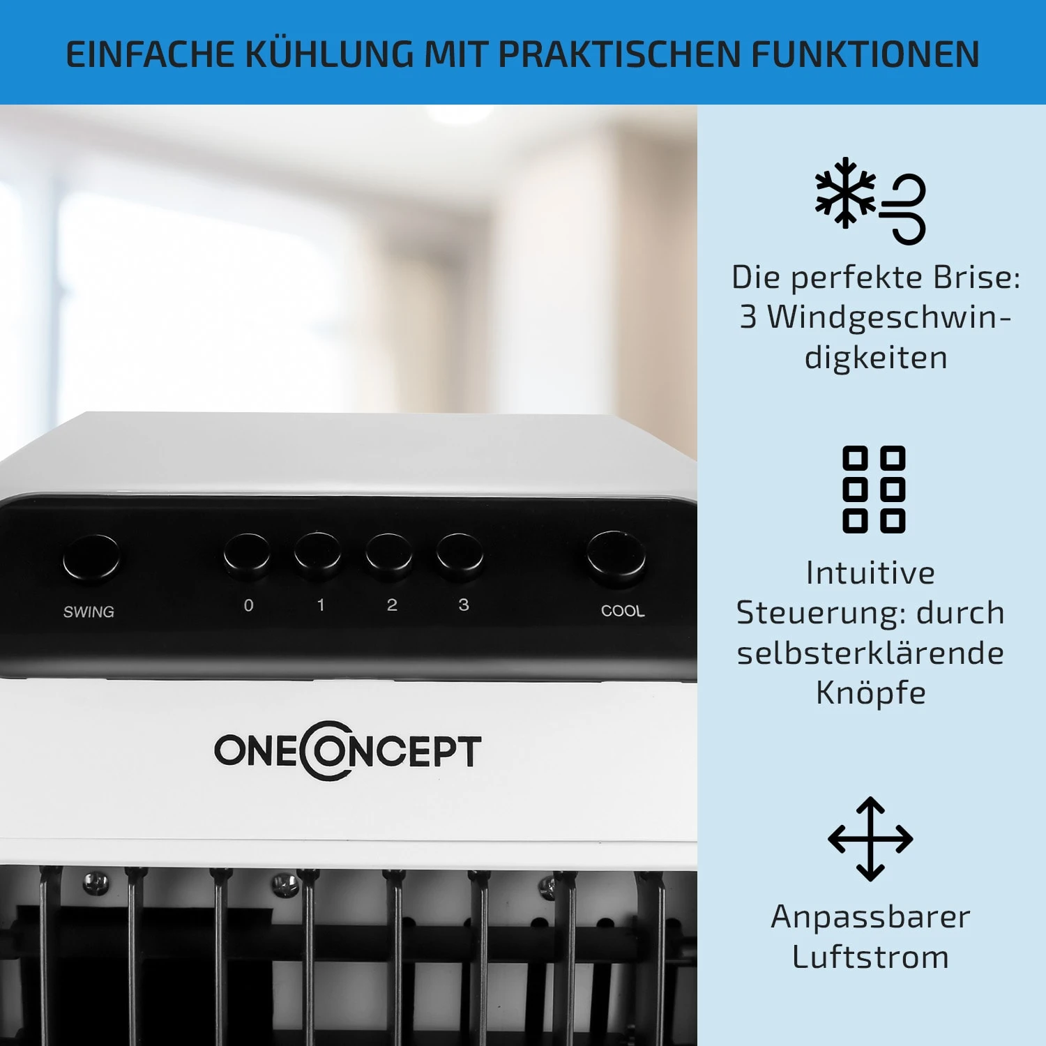 Carribean Blue 3-in-1 Luftkühler 402 m3/h 70 W 4 Ltr Oszillation mobil Carribean Blue 3-in-1 Luftkühler 402 M3/h 70 W 4 Ltr Oszillation Mobil -Deutschland Klarstein Verkaufs-Shop 10028181 de 0004 usp