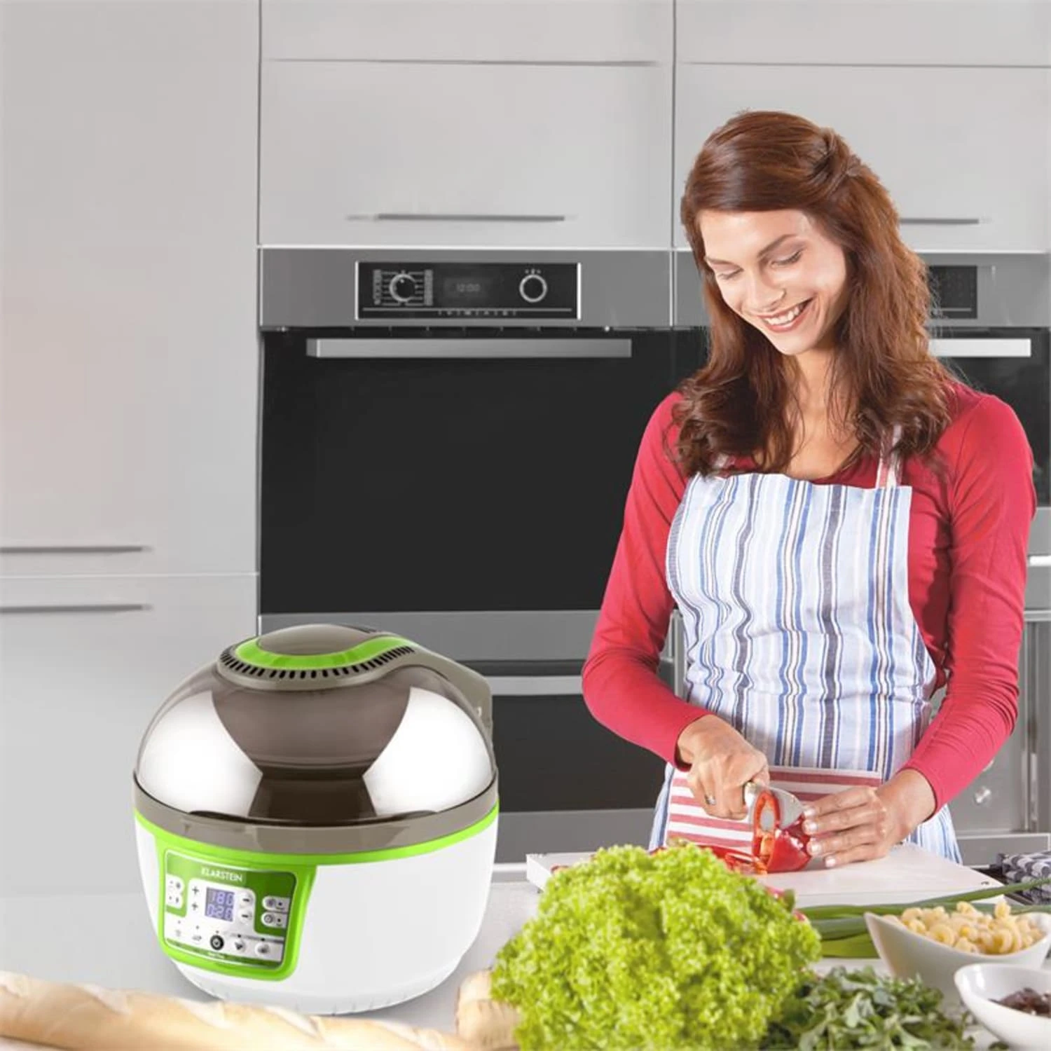 VitAir Turbo Heißluftfritteuse grün-weiß 1400W Grillen Backen 9l VitAir Turbo Heißluftfritteuse Grün-weiß 1400W Grillen Backen 9l -Deutschland Klarstein Verkaufs-Shop 10028288 yy 0004 ambient klarstein vitair heissluft frieteuse