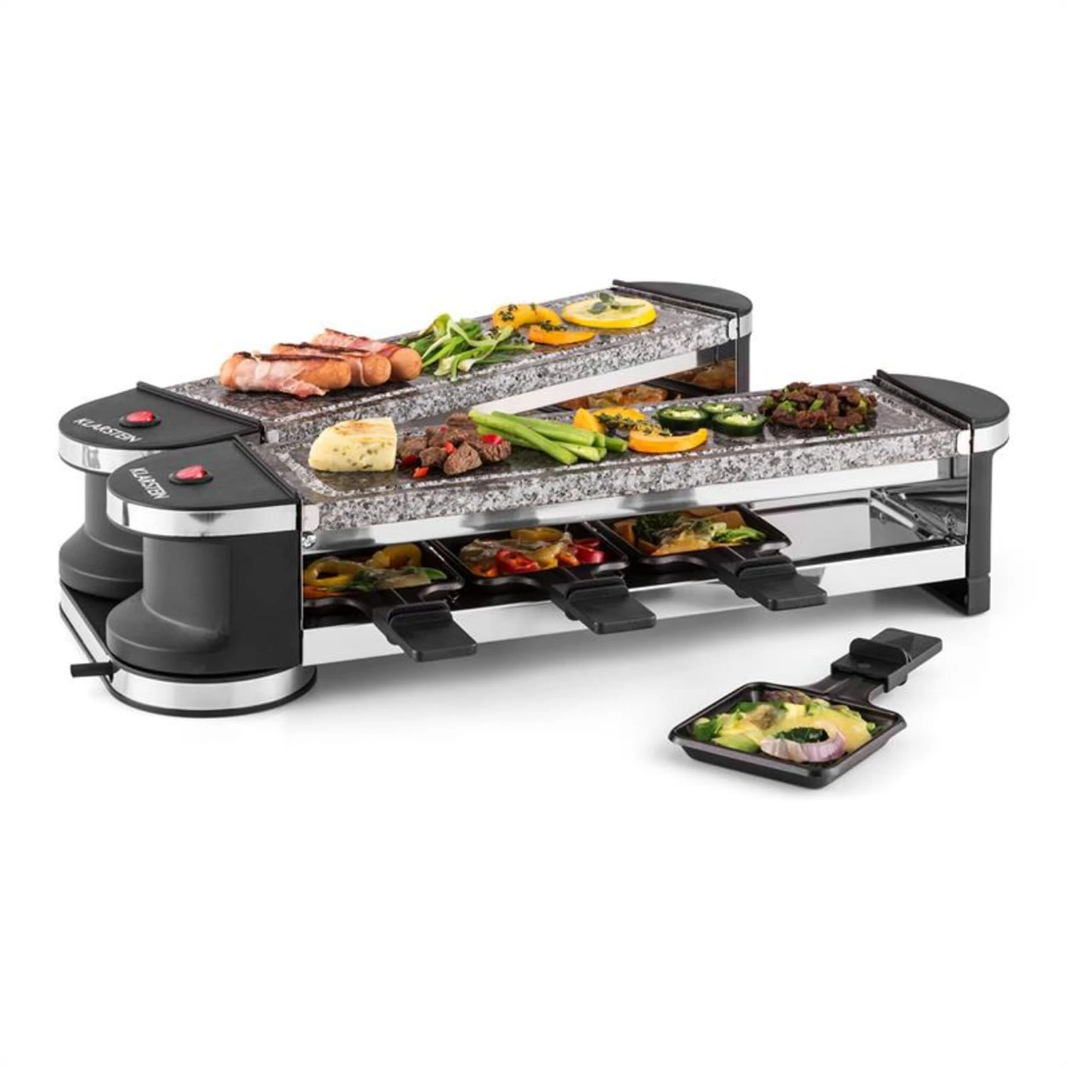 Tenderloin 100 Raclette-Grill 1200 W (2x600W) 8 Personen 2x Naturstein Tenderloin 100 Raclette-Grill 1200 W (2x600W) 8 Personen 2x Naturstein -Deutschland Klarstein Verkaufs-Shop 10028579 yy 0001 titel 01 Klarstein Tenderloin Raclette Grill