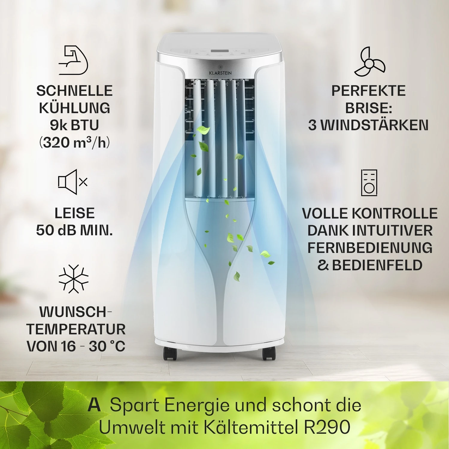 New Breeze 9 mobile Klimaanlage 4-in-1 9.000 BTU / 2,6 kW mobil Timer New Breeze 9 Mobile Klimaanlage 4-in-1 9.000 BTU / 2,6 KW Mobil Timer -Deutschland Klarstein Verkaufs-Shop 10029704 de 0003 usp
