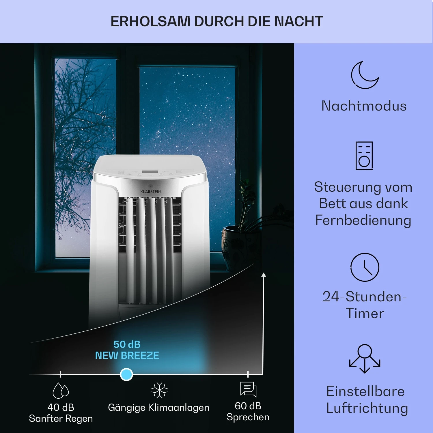 New Breeze 9 mobile Klimaanlage 4-in-1 9.000 BTU / 2,6 kW mobil Timer New Breeze 9 Mobile Klimaanlage 4-in-1 9.000 BTU / 2,6 KW Mobil Timer -Deutschland Klarstein Verkaufs-Shop 10029704 de 0004 usp