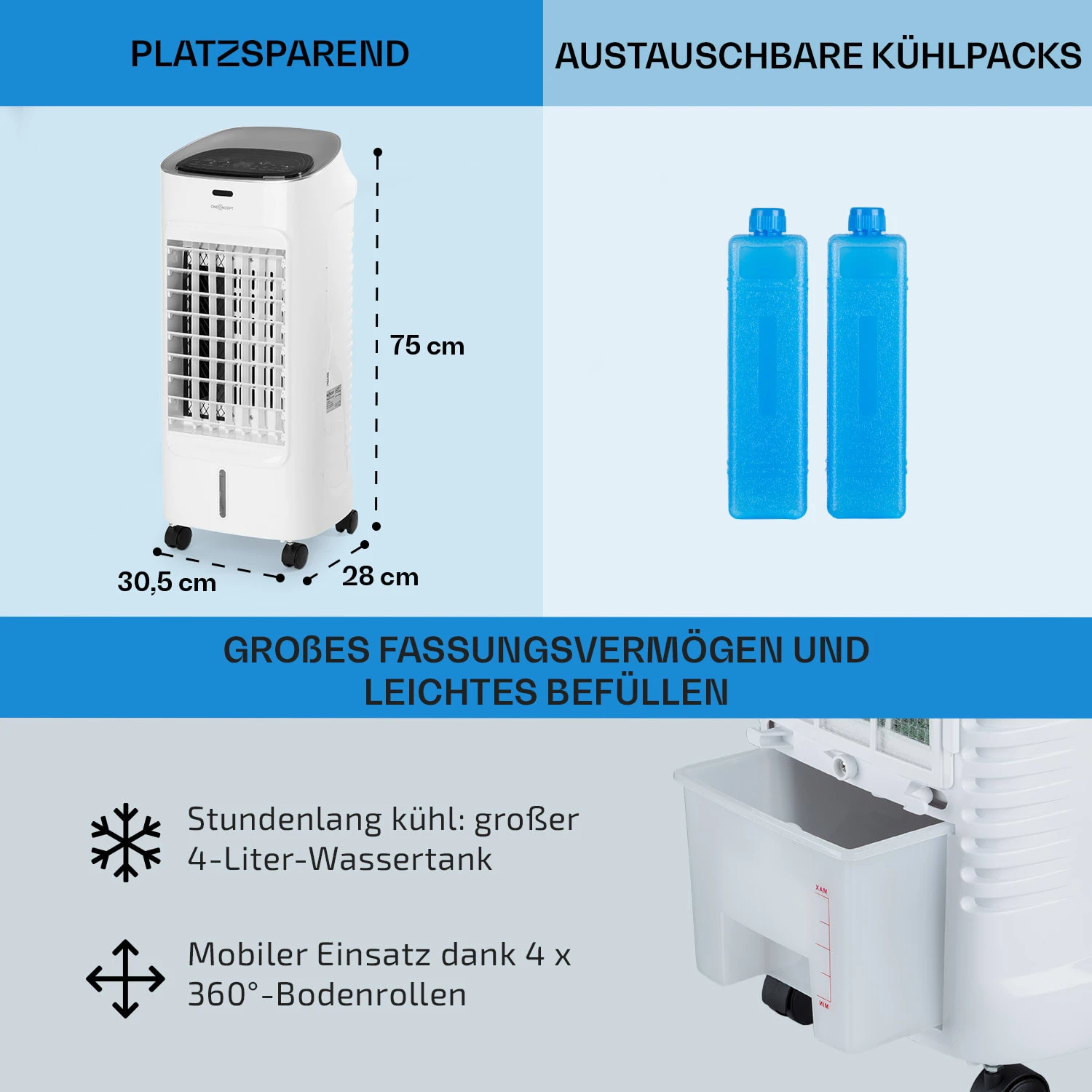 Coolster 4-in-1-Luftkühler 320 m³/h 60 W 4 Ltr Fernbedienung mobil Coolster 4-in-1-Luftkühler 320 M³/h 60 W 4 Ltr Fernbedienung Mobil -Deutschland Klarstein Verkaufs-Shop 10032347 de 0006 usp