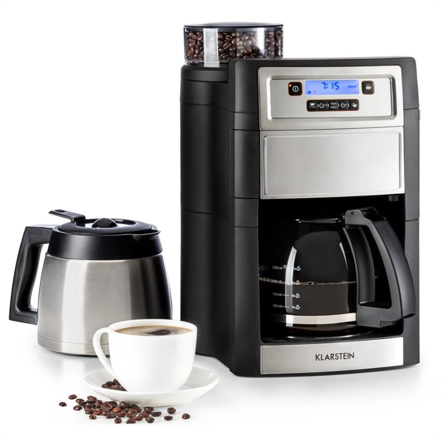 Aromatica II Duo Kaffeemaschine, integriertes Mahlwerk, 1,25 l silber Aromatica II Duo Kaffeemaschine, Integriertes Mahlwerk, 1,25 L Silber -Deutschland Klarstein Verkaufs-Shop 10032865 yy 0001 titel Klarstein Aromatica II Duo Kaffeemaschine schwarz
