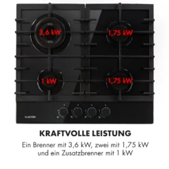 Ignito 4 Zonen Gaskochfeld 4-flammig Sabaf-Brenner Glaskeramik Schwarz -Deutschland Klarstein Verkaufs-Shop 10033132 de 0006 logo