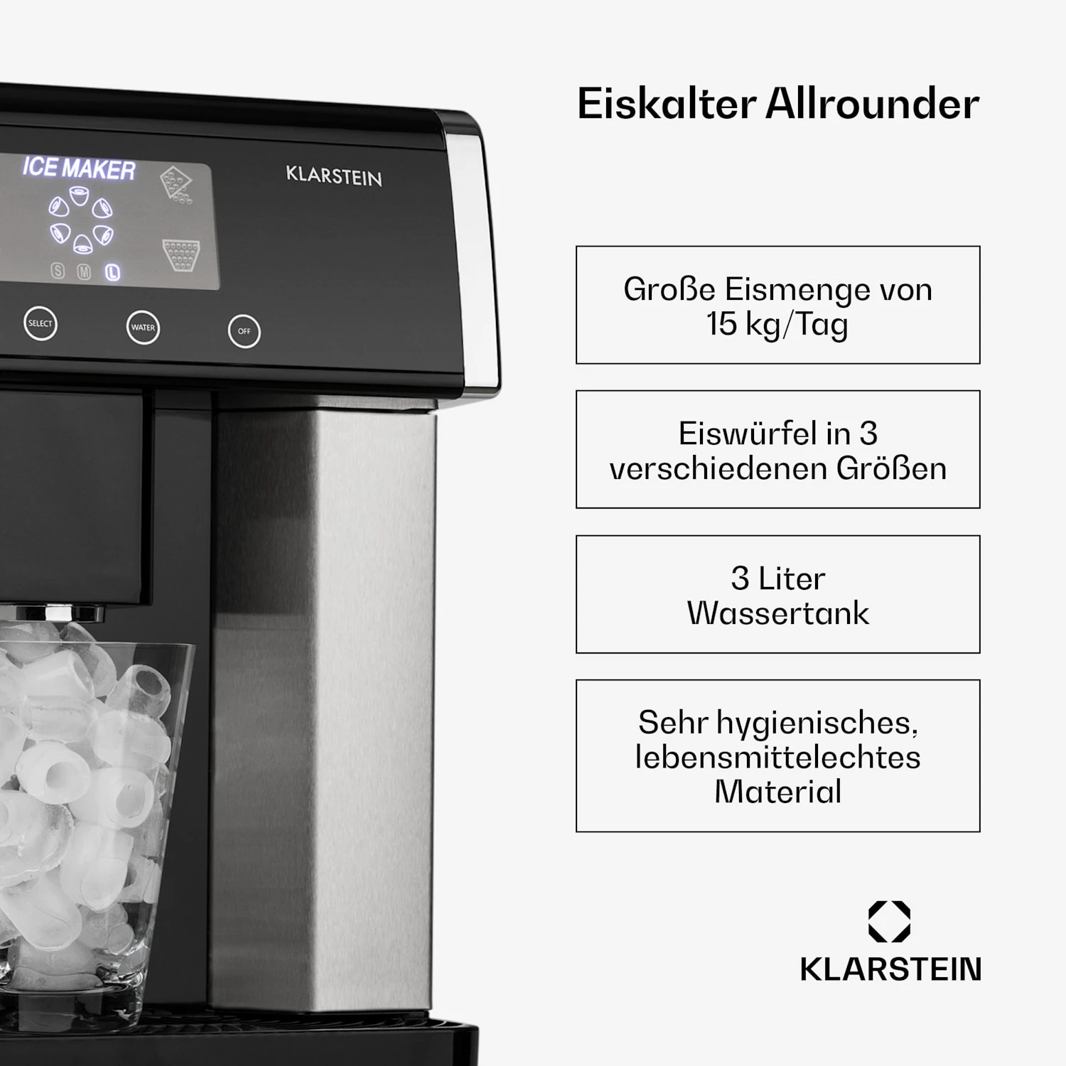 Eiszeit Eiswürfelmaschine Edelstahl 3 Eiswürfelgrößen silber Eiszeit Eiswürfelmaschine Edelstahl 3 Eiswürfelgrößen Silber -Deutschland Klarstein Verkaufs-Shop 10033478 de 0002 usp