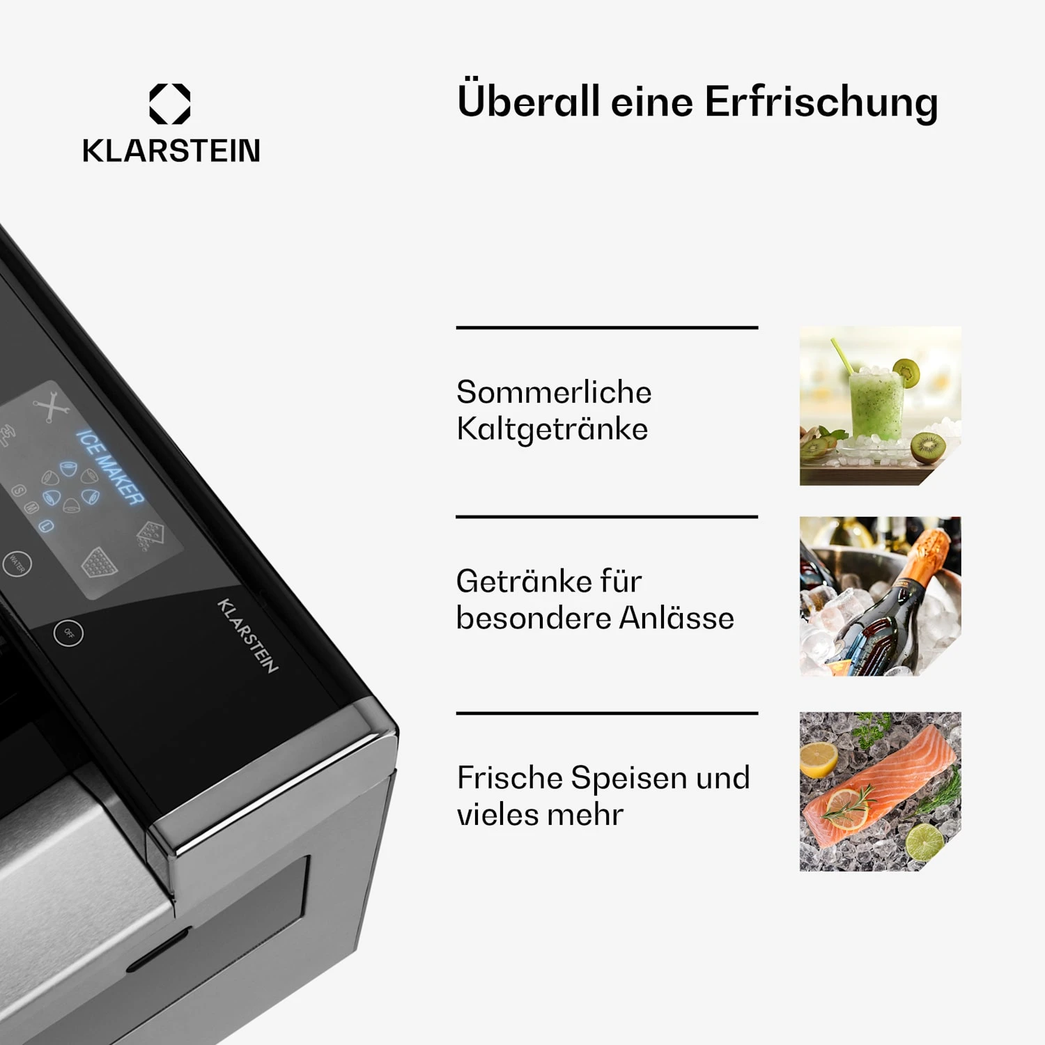Eiszeit Eiswürfelmaschine Edelstahl 3 Eiswürfelgrößen silber Eiszeit Eiswürfelmaschine Edelstahl 3 Eiswürfelgrößen Silber -Deutschland Klarstein Verkaufs-Shop 10033478 de 0005 usp