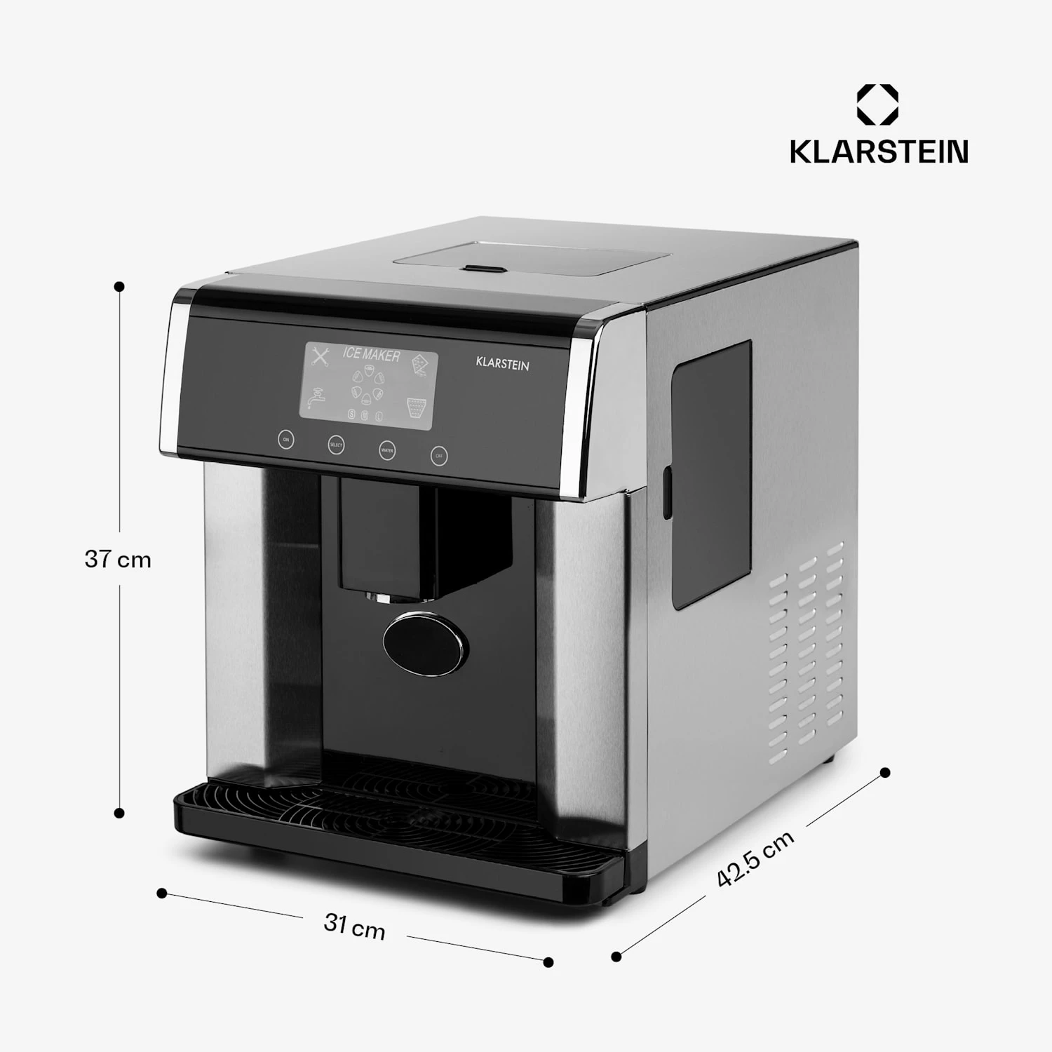 Eiszeit Eiswürfelmaschine Edelstahl 3 Eiswürfelgrößen silber Eiszeit Eiswürfelmaschine Edelstahl 3 Eiswürfelgrößen Silber -Deutschland Klarstein Verkaufs-Shop 10033478 yy 0011 dimensions