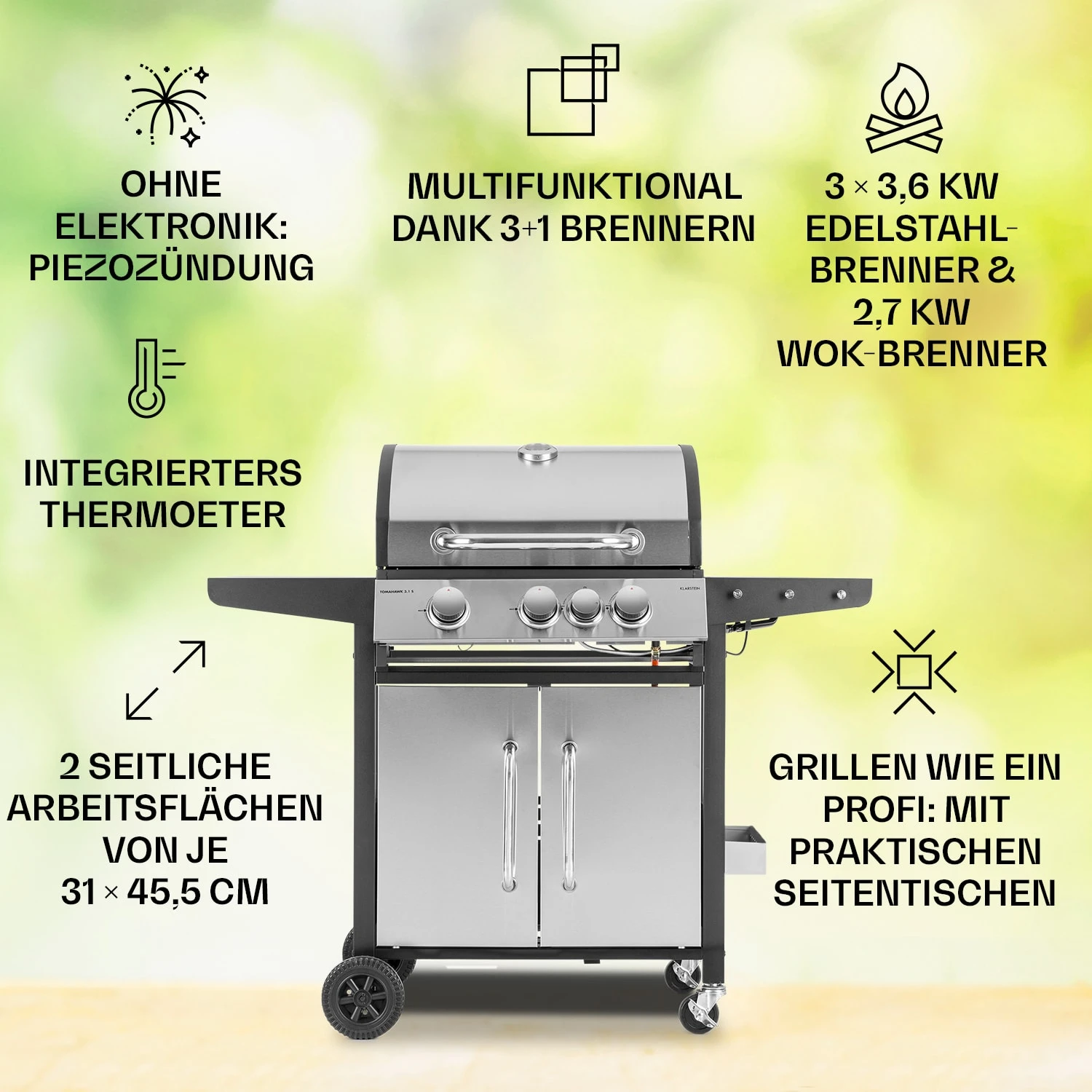 Tomahawk 3.1 S Gasgrill 3x3,6kW Brenner+2,7 kW 60x45cm Grill Edelstahl Tomahawk 3.1 S Gasgrill 3x3,6kW Brenner+2,7 KW 60x45cm Grill Edelstahl -Deutschland Klarstein Verkaufs-Shop 10033567 de 0002 usp
