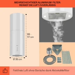 Beretta Inselabzugshaube Ø35cm Ab-/Umluft 650m³/h LED Edelstahl -Deutschland Klarstein Verkaufs-Shop 10033719 de 0005 usp