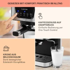 Arabica Espressomaschine 1050W 15 Bar 1,5l Touch-Bedienfeld Edelstahl -Deutschland Klarstein Verkaufs-Shop 10033729 de 0003 usp