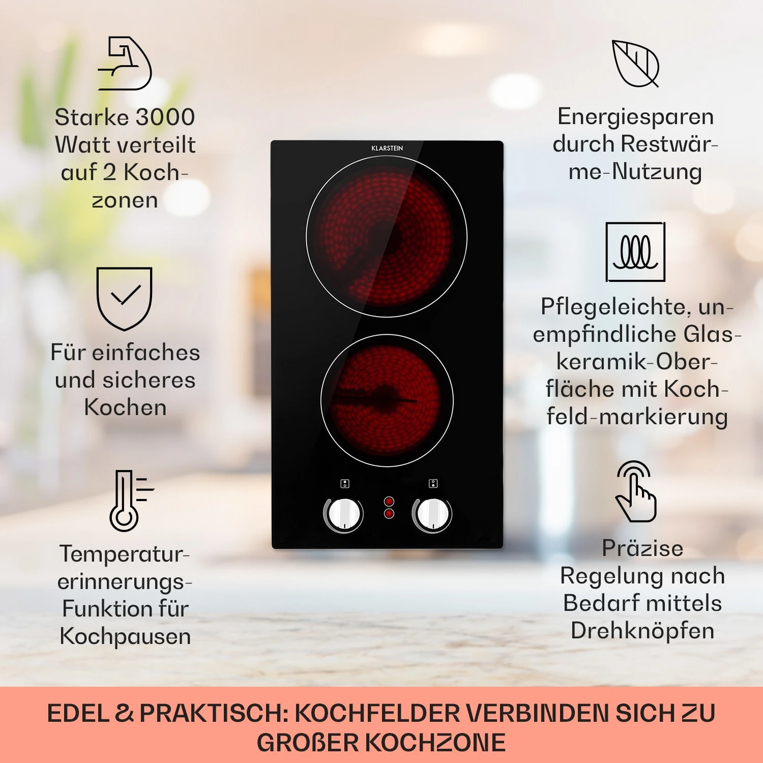 EasyCook Domino Keramikkochfeld 3000W Drehregler schwarz EasyCook Domino Keramikkochfeld 3000W Drehregler Schwarz -Deutschland Klarstein Verkaufs-Shop 10034603 de 0002 usp