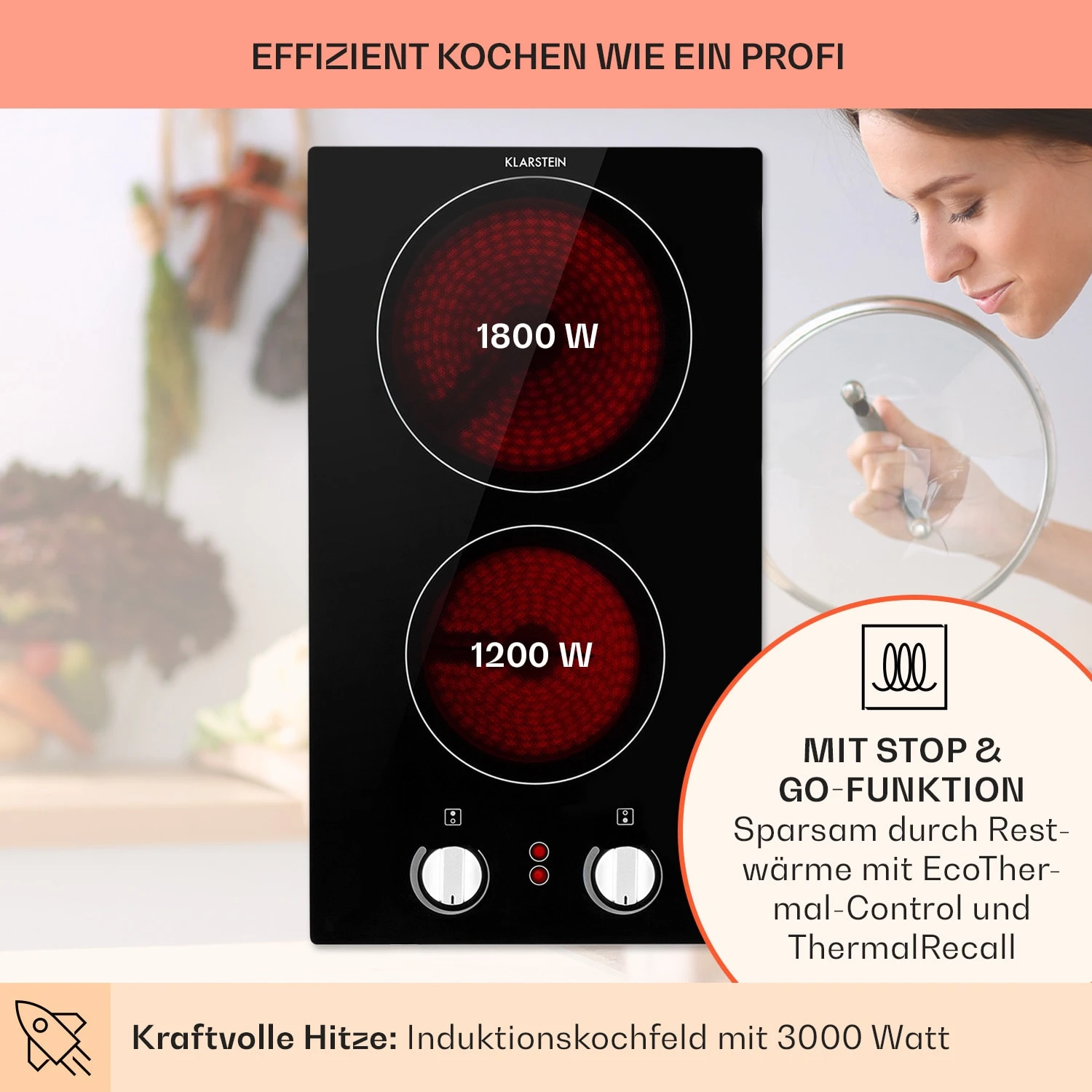 EasyCook Domino Keramikkochfeld 3000W Drehregler schwarz EasyCook Domino Keramikkochfeld 3000W Drehregler Schwarz -Deutschland Klarstein Verkaufs-Shop 10034603 de 0003 usp