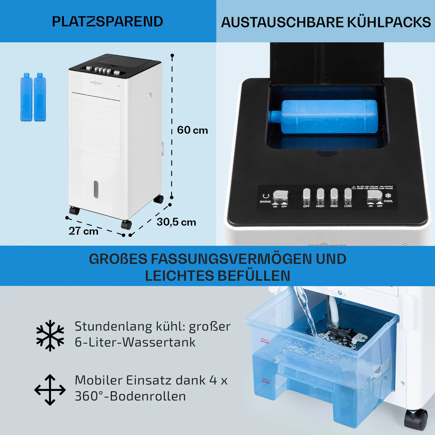 Freshboxx 3-in-1 Luftkühler 65 W 360 m³/h 6 Liter 2 Kühlakkus mobil Freshboxx 3-in-1 Luftkühler 65 W 360 M³/h 6 Liter 2 Kühlakkus Mobil -Deutschland Klarstein Verkaufs-Shop 10034629 de 0006 usp