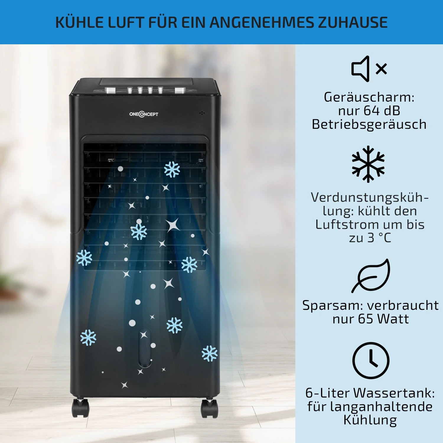 Freshboxx 3-in-1 Luftkühler 65 W 360 m³/h 6 Ltr Oszillation mobil Freshboxx 3-in-1 Luftkühler 65 W 360 M³/h 6 Ltr Oszillation Mobil -Deutschland Klarstein Verkaufs-Shop 10034630 de 0002 usp