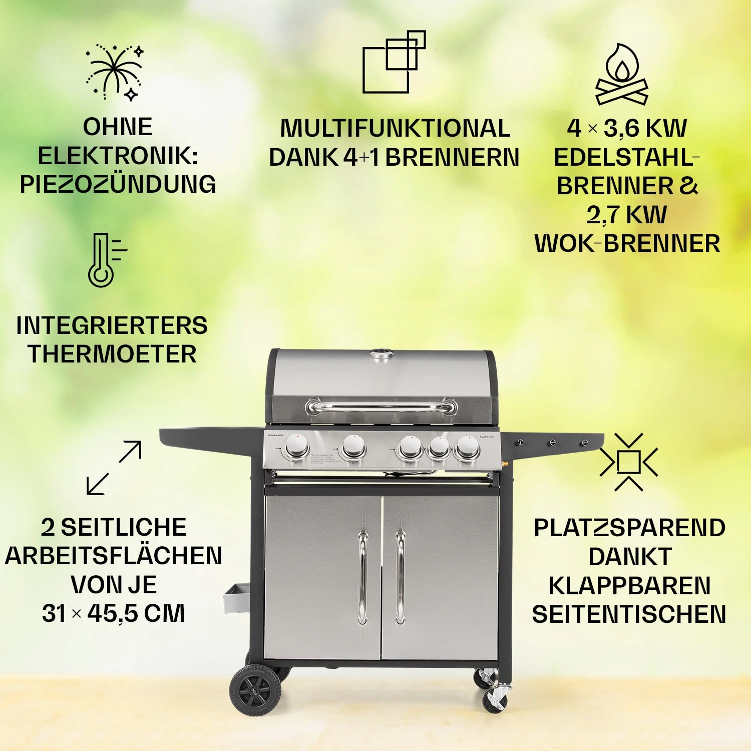 Tomahawk Gasgrill 4x3,6 kW + 2,7 kW Brenner 66x43,5 cm Grill Edelstahl Tomahawk Gasgrill 4x3,6 KW + 2,7 KW Brenner 66x43,5 Cm Grill Edelstahl -Deutschland Klarstein Verkaufs-Shop 10034710 de 0002 usp