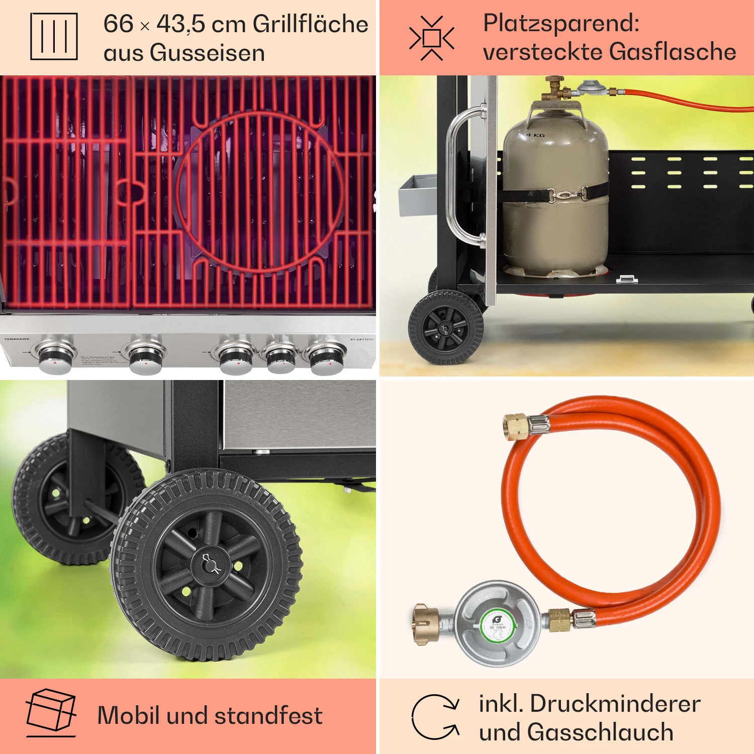 Tomahawk Gasgrill 4x3,6 kW + 2,7 kW Brenner 66x43,5 cm Grill Edelstahl Tomahawk Gasgrill 4x3,6 KW + 2,7 KW Brenner 66x43,5 Cm Grill Edelstahl -Deutschland Klarstein Verkaufs-Shop 10034710 de 0005 usp