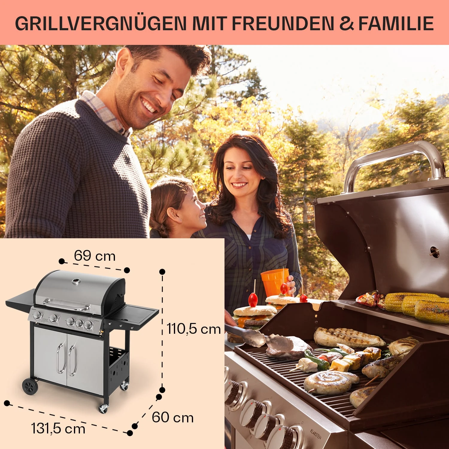 Tomahawk Gasgrill 4x3,6 kW + 2,7 kW Brenner 66x43,5 cm Grill Edelstahl Tomahawk Gasgrill 4x3,6 KW + 2,7 KW Brenner 66x43,5 Cm Grill Edelstahl -Deutschland Klarstein Verkaufs-Shop 10034710 de 0006 usp