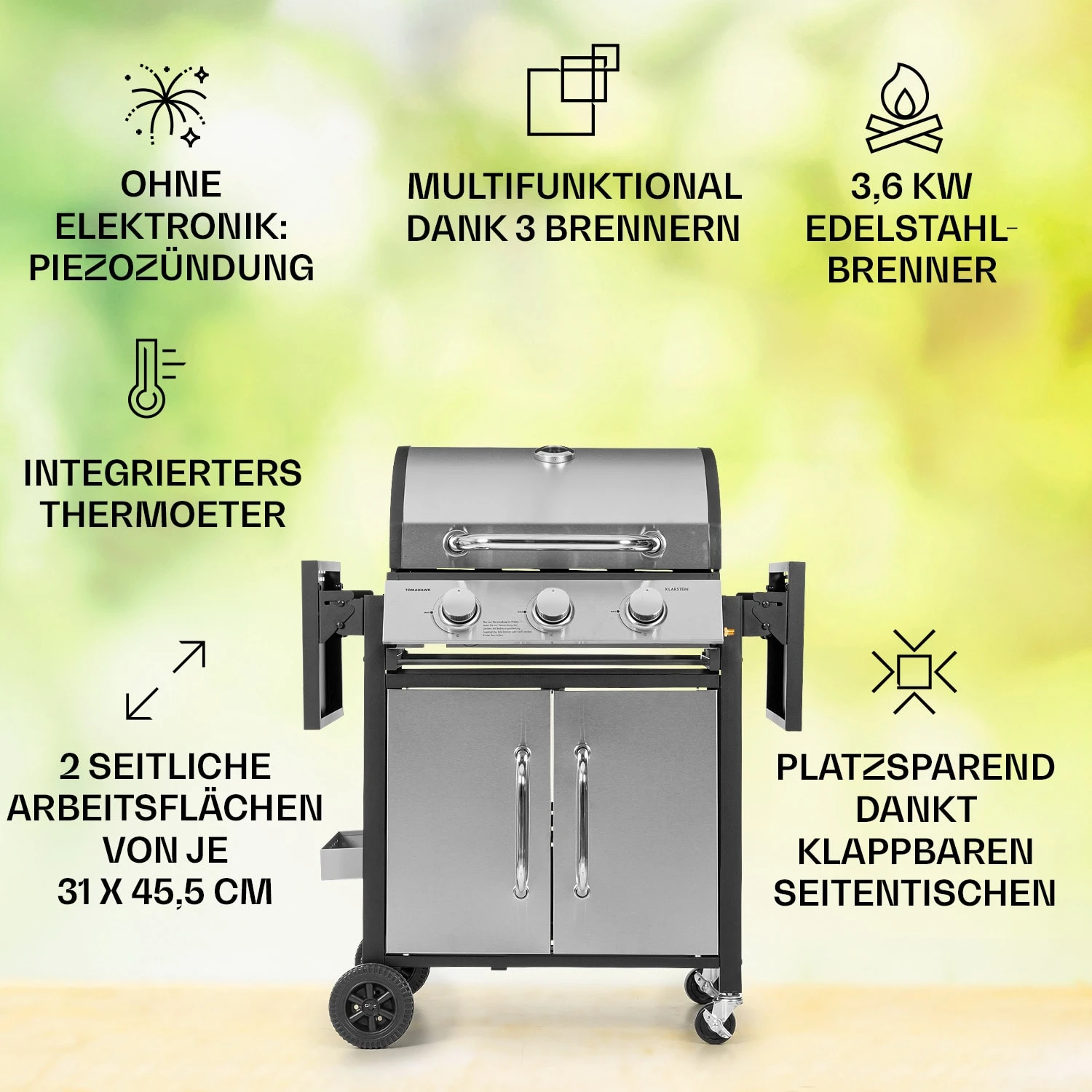 Tomahawk Gasgrill 3 x 3,6 kW Brenner 60 x 43,5 cm Grill Edelstahl Tomahawk Gasgrill 3 X 3,6 KW Brenner 60 X 43,5 Cm Grill Edelstahl -Deutschland Klarstein Verkaufs-Shop 10034711 de 0002 usp