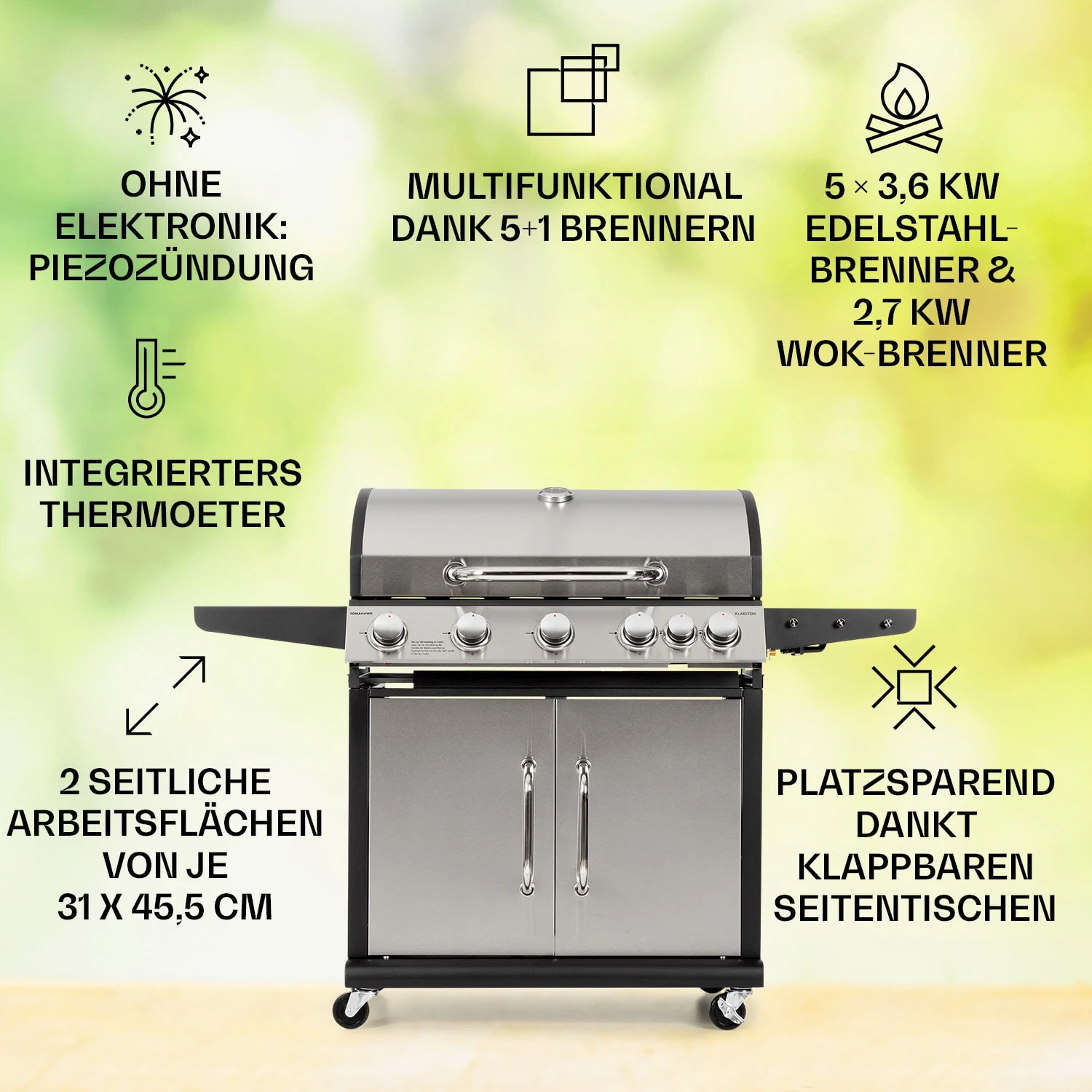 Tomahawk Gasgrill 5x3,6 kW + 2,7 kW Brenner 80x43,5 cm Grill Edelstahl Tomahawk Gasgrill 5x3,6 KW + 2,7 KW Brenner 80x43,5 Cm Grill Edelstahl -Deutschland Klarstein Verkaufs-Shop 10034712 de 0002 usp