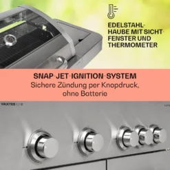 Valkyrie Gasgrill 4x3,5 KW + 3,15 KW Brenner 74x44 Cm Grill Edelstahl -Deutschland Klarstein Verkaufs-Shop 10034715 de 0004 usp