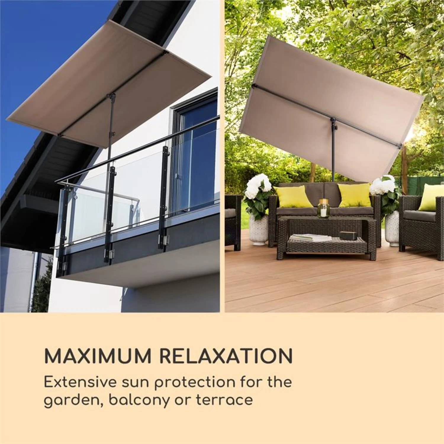 Flex-Shade XL Sonnenschirm 150 x 210 cm Polyester UV 50 taupe Flex-Shade XL Sonnenschirm 150 X 210 Cm Polyester UV 50 Taupe -Deutschland Klarstein Verkaufs-Shop 10034729 yy 0002 logo Blumfeldt Flex