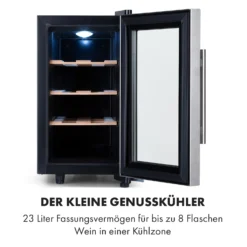 Reserva 8 Uno Weinkühlschrank 23 Ltr 8 Fl 11-18 °C 26 DB Edelstahl -Deutschland Klarstein Verkaufs-Shop 10035864 de 0003 logo