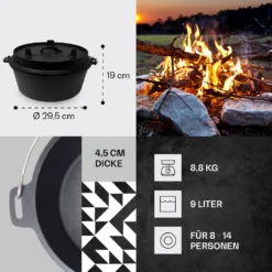 Guernsey Premium Dutch Oven 9.0 BBQ-Topf Gusseisen Voreingebrannt Größe L / 9 Qt -Deutschland Klarstein Verkaufs-Shop 10038639 de 0004 usp