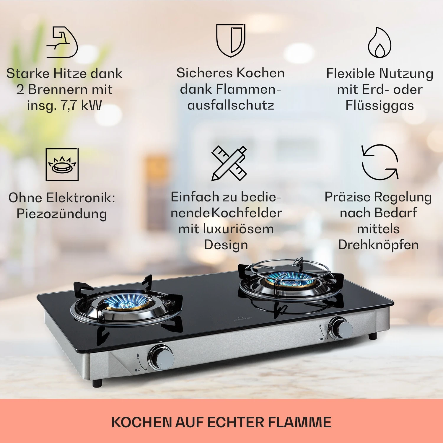 Barzona 2 Campingkocher 2 Brenner 3,4 & 4,3 kW Glasplatte Edelstahl Barzona 2 Campingkocher 2 Brenner 3,4 & 4,3 KW Glasplatte Edelstahl -Deutschland Klarstein Verkaufs-Shop 10040044 de 0002 usp