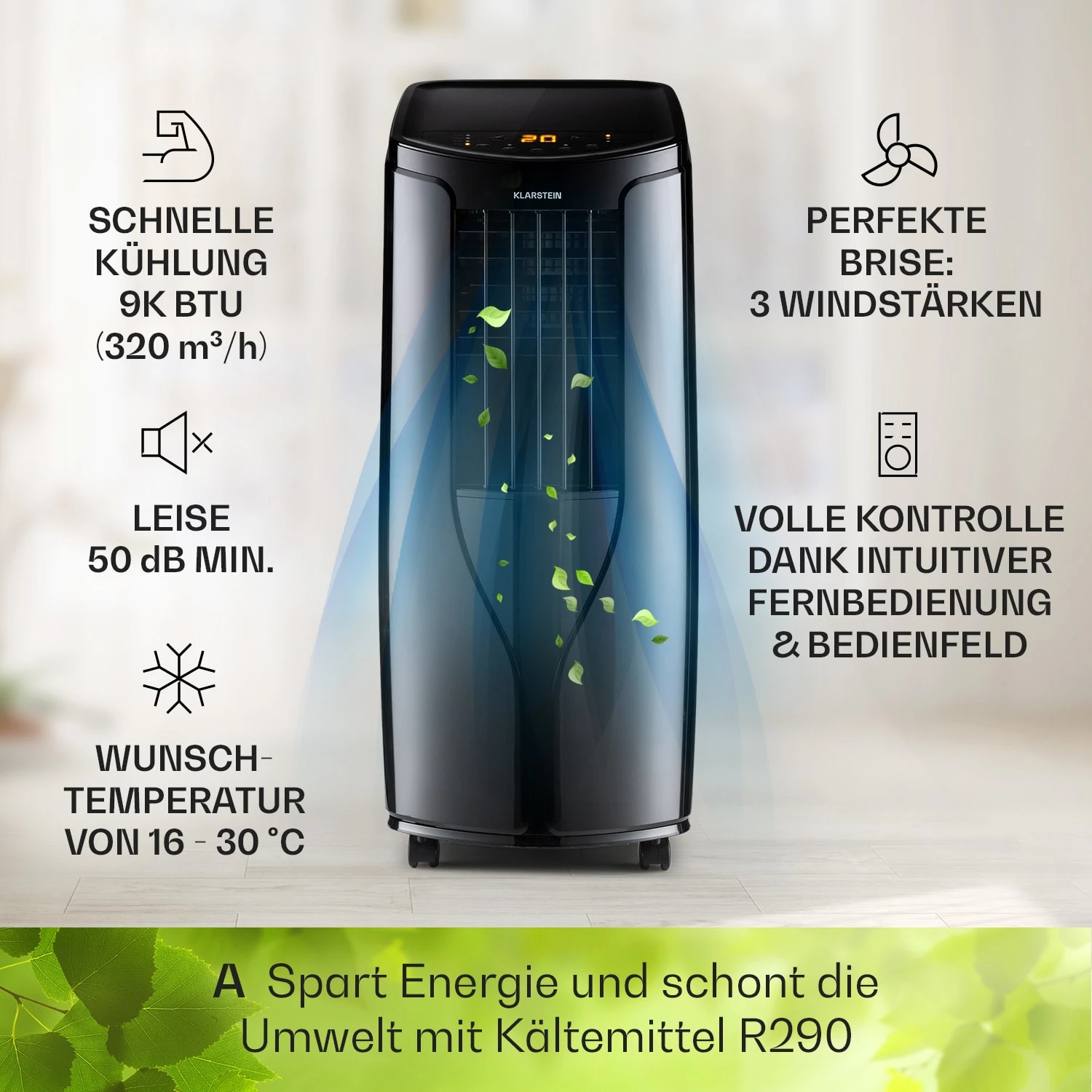 New Breeze 9 mobile Klimaanlage 4-in-1 9.000 BTU / 2,6 kW EEK A Bodenrollen Timer New Breeze 9 Mobile Klimaanlage 4-in-1 9.000 BTU / 2,6 KW EEK A Bodenrollen Timer -Deutschland Klarstein Verkaufs-Shop 10040154 de 0003 usp