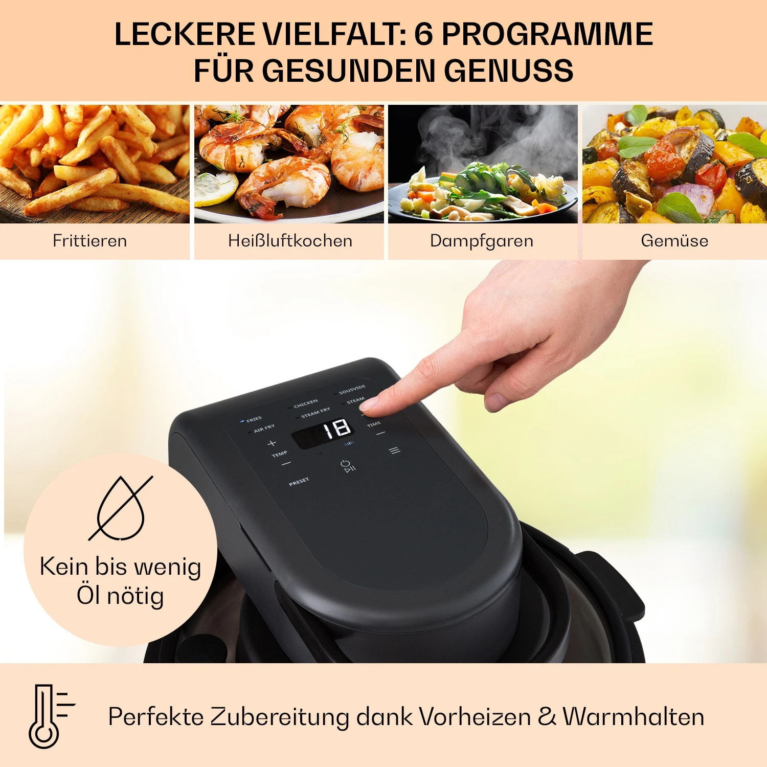 Vendure Heißluftfritteuse mit Dampffunktion 1250W 5 Liter 6 Programme Vendure Heißluftfritteuse Mit Dampffunktion 1250W 5 Liter 6 Programme -Deutschland Klarstein Verkaufs-Shop 10040278 de 0004 usp