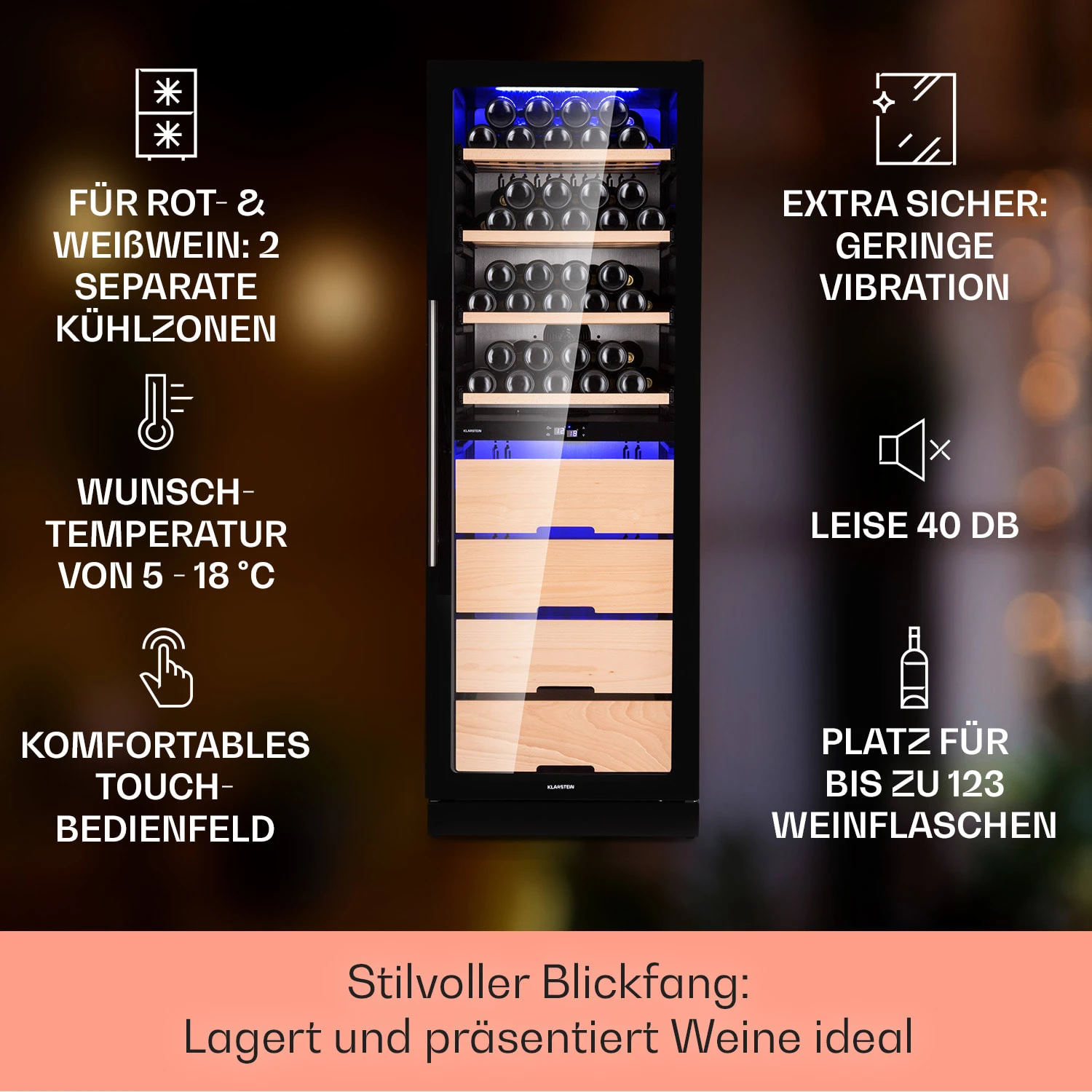 Barossa 123 Duo Weinkühlschrank 123 Fl 226 Ltr 2 Zonen Touch-Steuerung Barossa 123 Duo Weinkühlschrank 123 Fl 226 Ltr 2 Zonen Touch-Steuerung -Deutschland Klarstein Verkaufs-Shop 10040721 de 0002 usp