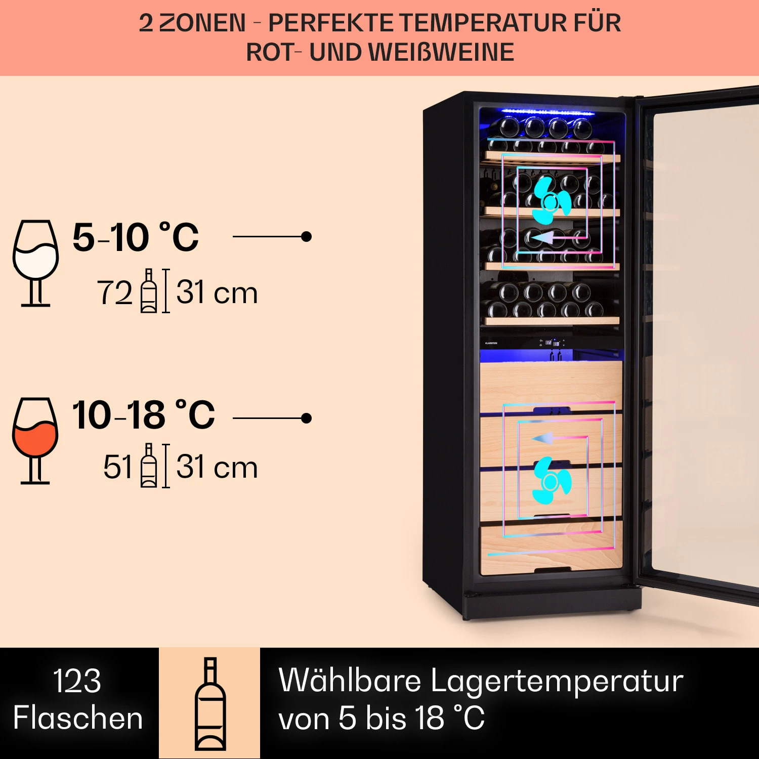Barossa 123 Duo Weinkühlschrank 123 Fl 226 Ltr 2 Zonen Touch-Steuerung Barossa 123 Duo Weinkühlschrank 123 Fl 226 Ltr 2 Zonen Touch-Steuerung -Deutschland Klarstein Verkaufs-Shop 10040721 de 0003 usp