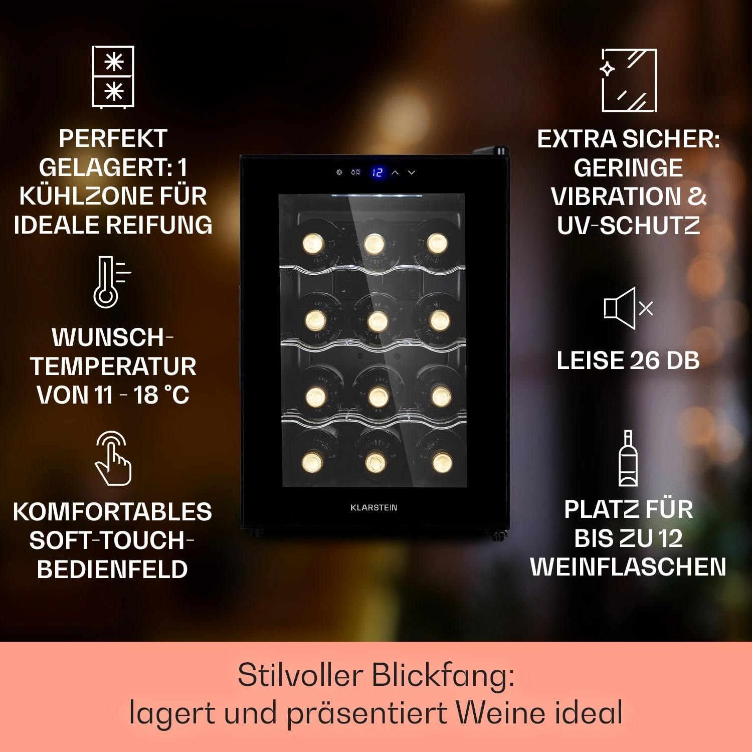 Barolo 12 Uno Weinkühlschrank 37 Ltr 12 Flaschen 11-18°C SingleZone Barolo 12 Uno Weinkühlschrank 37 Ltr 12 Flaschen 11-18°C SingleZone -Deutschland Klarstein Verkaufs-Shop 10041205 de 0002 usp