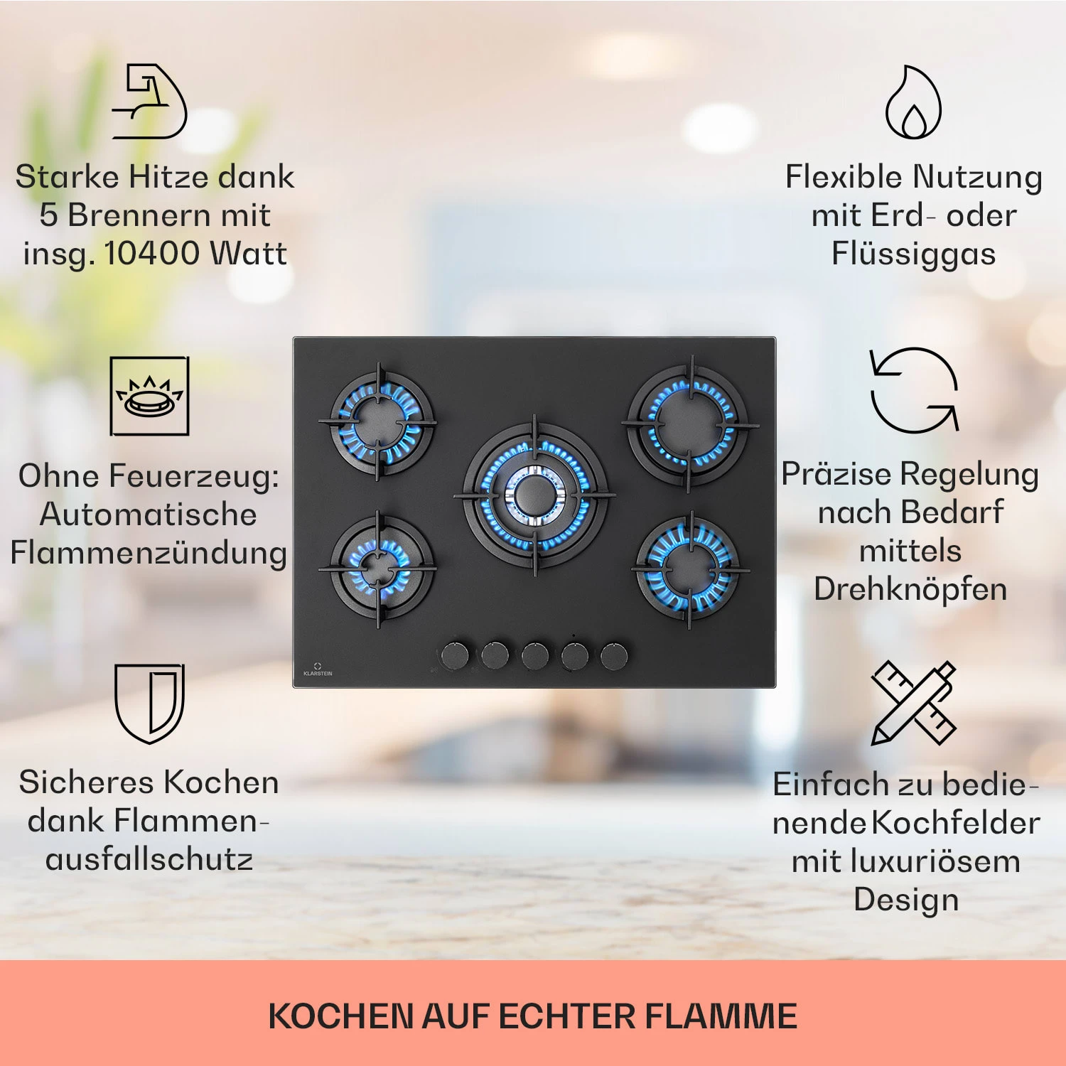 Firetale Gaskochfeld 5-flammig 70 cm Aluminium-Brenner inkl. Schlauch und Druckminderer Firetale Gaskochfeld 5-flammig 70 Cm Aluminium-Brenner Inkl. Schlauch Und Druckminderer -Deutschland Klarstein Verkaufs-Shop 10041300 de 0002 usp