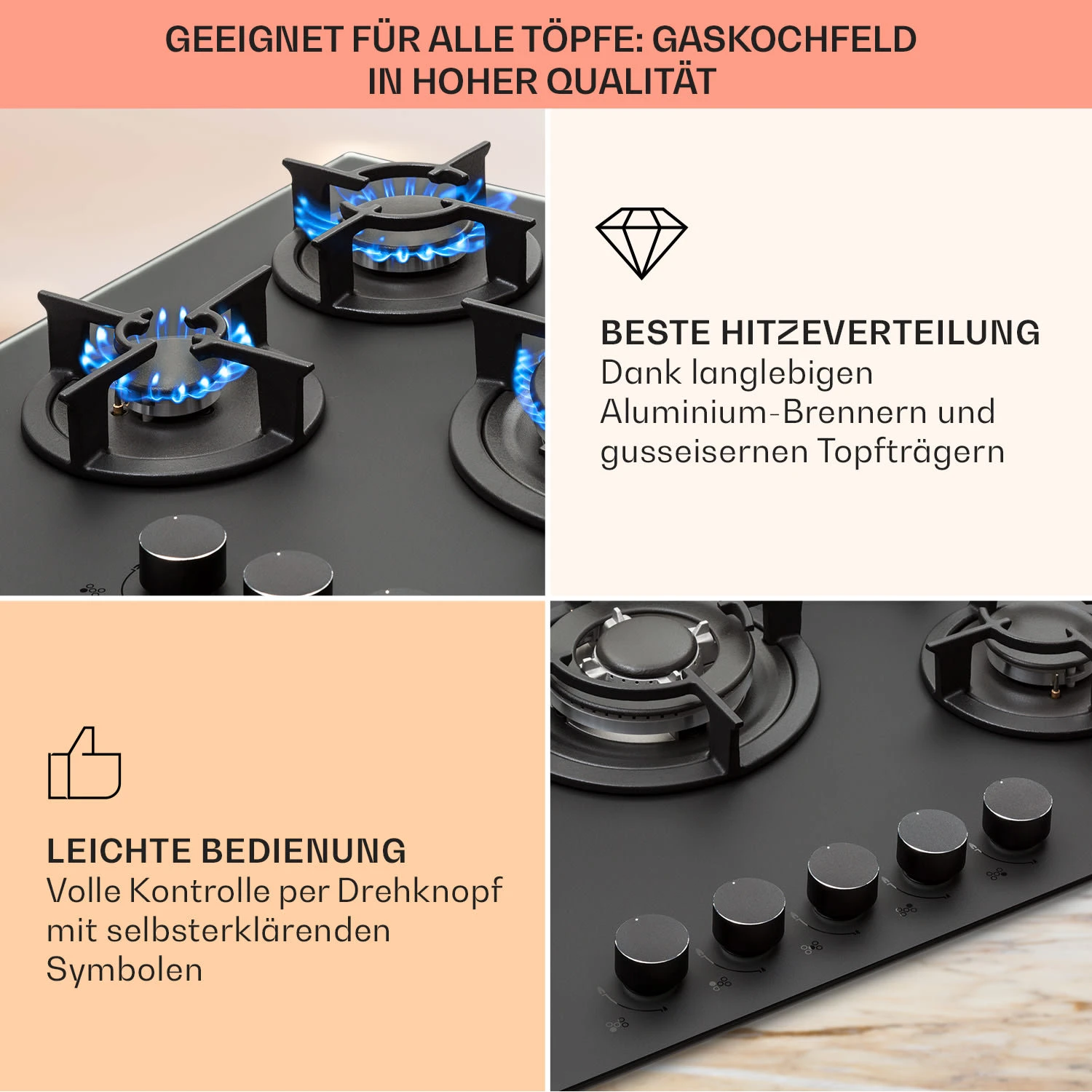 Firetale Gaskochfeld 5-flammig 70 cm Aluminium-Brenner inkl. Schlauch und Druckminderer Firetale Gaskochfeld 5-flammig 70 Cm Aluminium-Brenner Inkl. Schlauch Und Druckminderer -Deutschland Klarstein Verkaufs-Shop 10041300 de 0004 usp