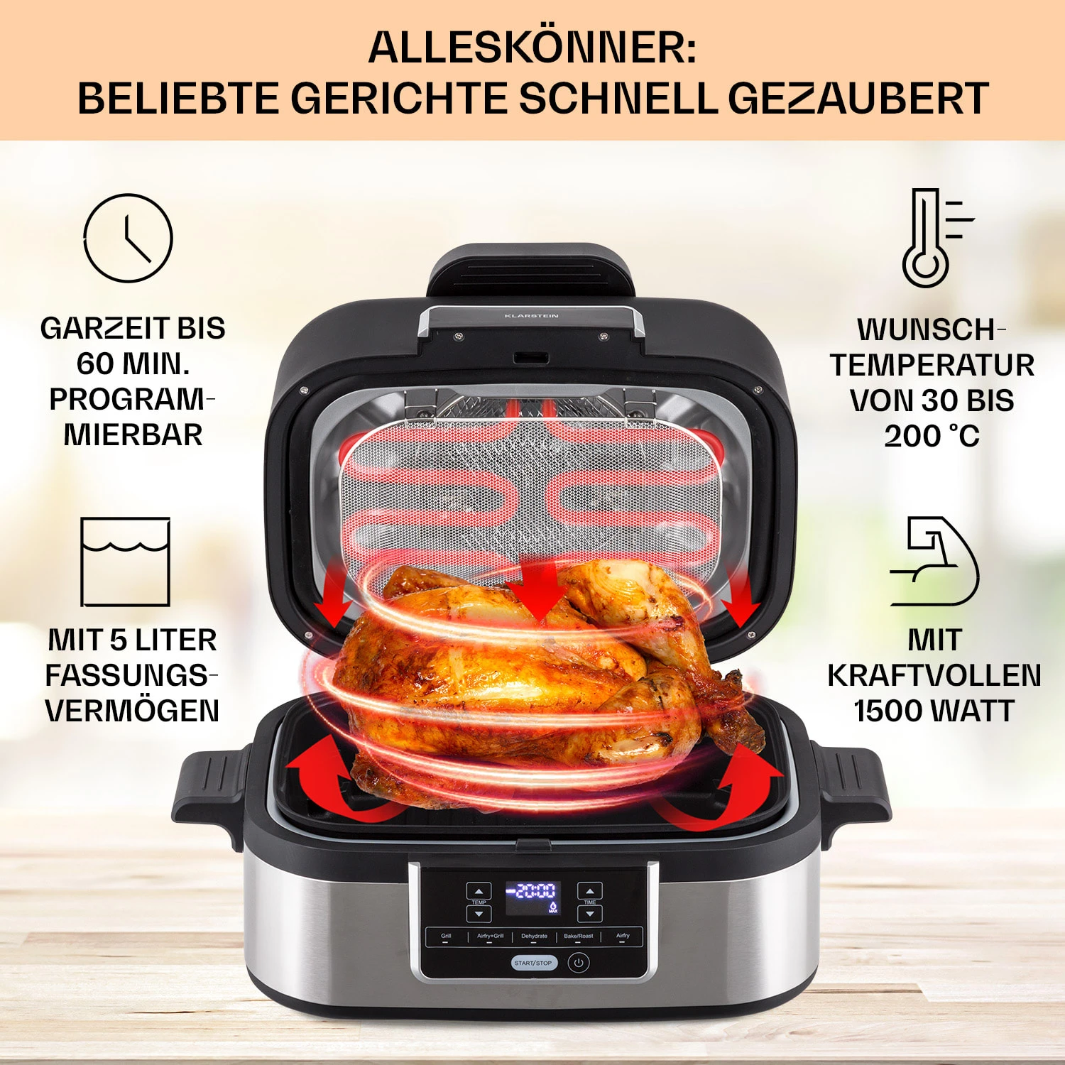 Combo Air Grill-Heißluftfritteuse 5 Programme 1500 Watt 4,5 L Grillkorb 2,5 L Frittierkorb Combo Air Grill-Heißluftfritteuse 5 Programme 1500 Watt 4,5 L Grillkorb 2,5 L Frittierkorb -Deutschland Klarstein Verkaufs-Shop 10041330 de 0002 usp
