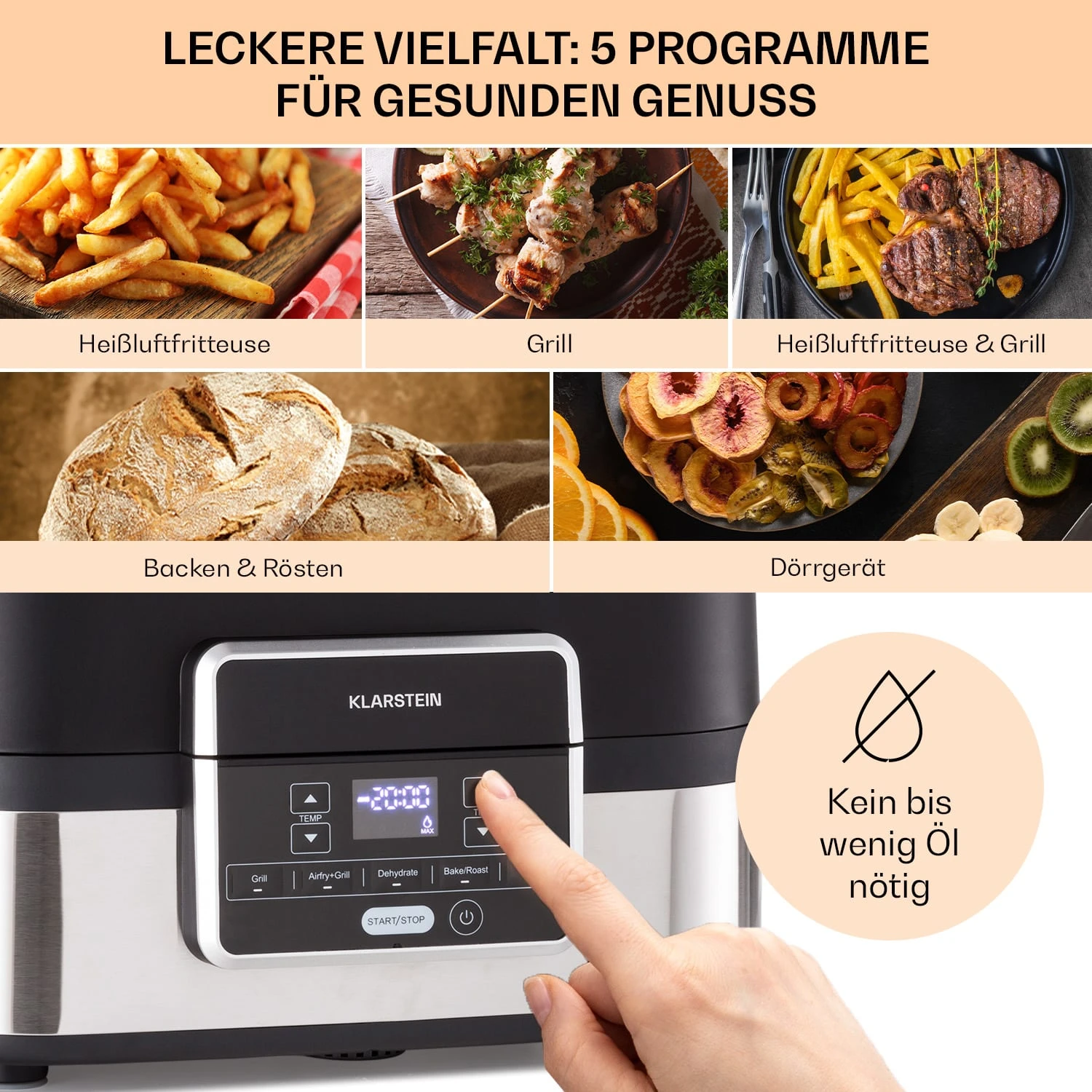 Combo Air Grill-Heißluftfritteuse 5 Programme 1500 Watt 4,5 L Grillkorb 2,5 L Frittierkorb Combo Air Grill-Heißluftfritteuse 5 Programme 1500 Watt 4,5 L Grillkorb 2,5 L Frittierkorb -Deutschland Klarstein Verkaufs-Shop 10041330 de 0003 usp