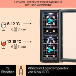 Shiraz 12 Duo Weinkühlschrank 2 Zonen 42L/12 Flaschen 5-12 / 12-18 °C Touch -Deutschland Klarstein Verkaufs-Shop 10041361 de 0003 usp