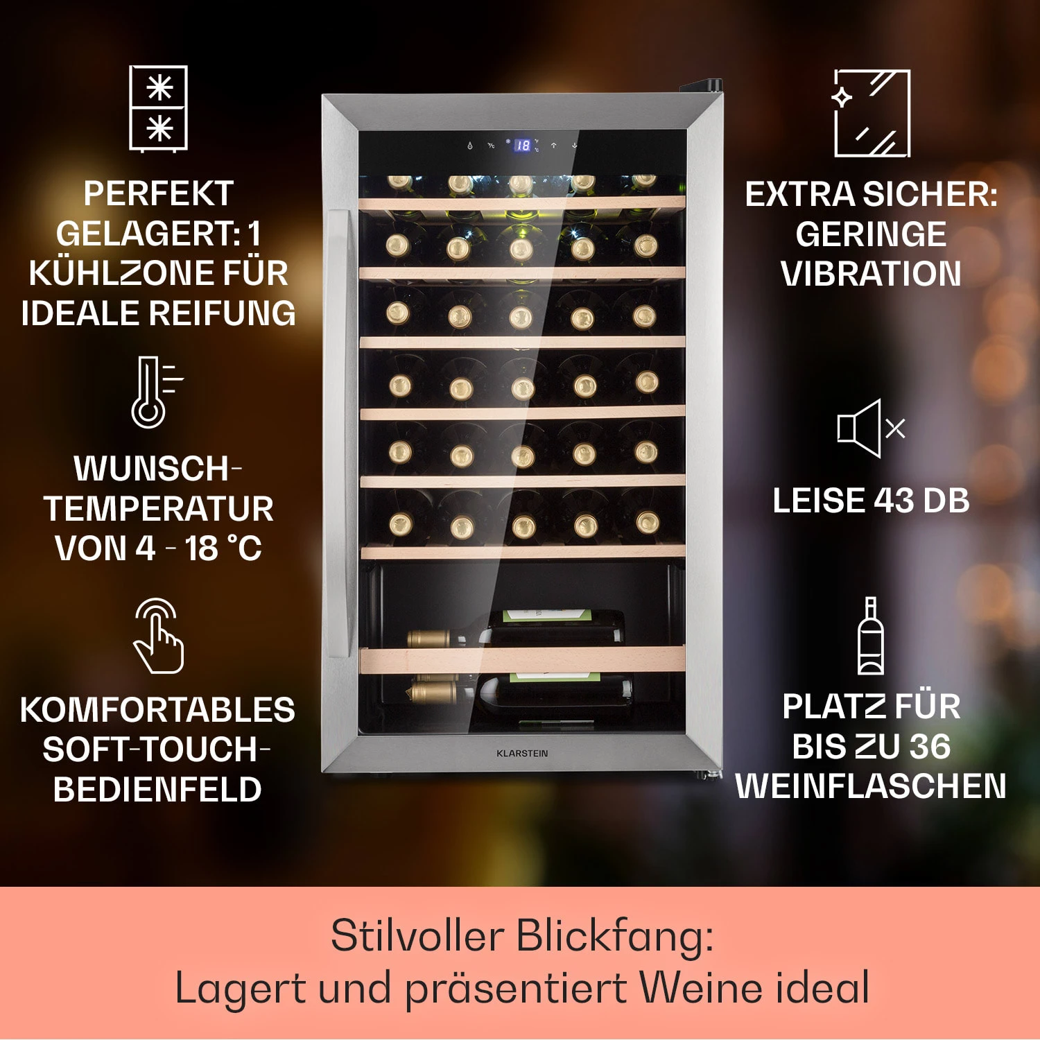 Vinamour 32 Uno Weinkühlschrank 1 Zone 95 L / 36 Flaschen 4-18°C Touch Vinamour 32 Uno Weinkühlschrank 1 Zone 95 L / 36 Flaschen 4-18°C Touch -Deutschland Klarstein Verkaufs-Shop 10041393 de 0002 usp