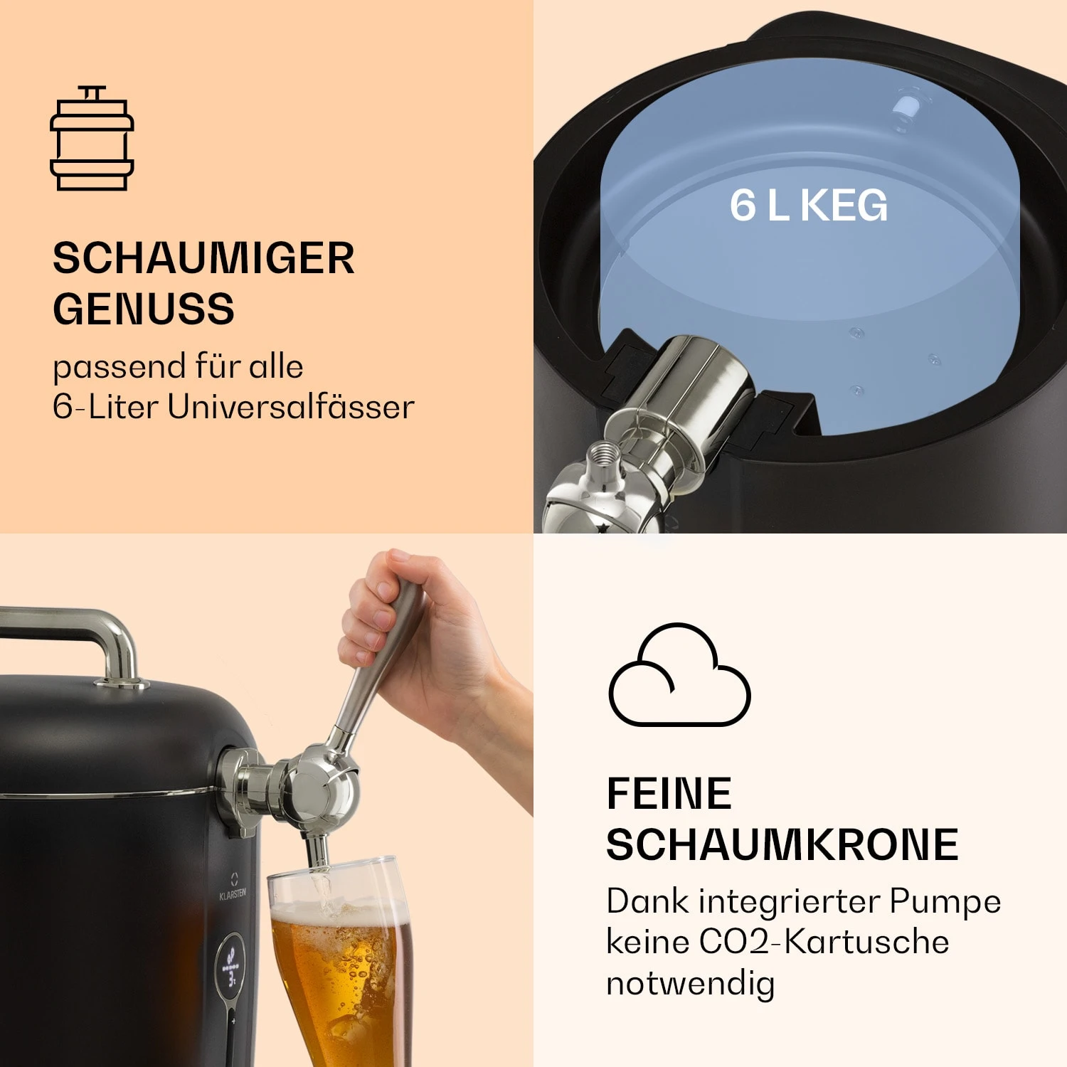 Passau Bierzapfanlage 6 l Universalfässer Druckluftpumpe 3 - 12 °C 65 W Passau Bierzapfanlage 6 L Universalfässer Druckluftpumpe 3 - 12 °C 65 W -Deutschland Klarstein Verkaufs-Shop 10041520 de 0003 logo