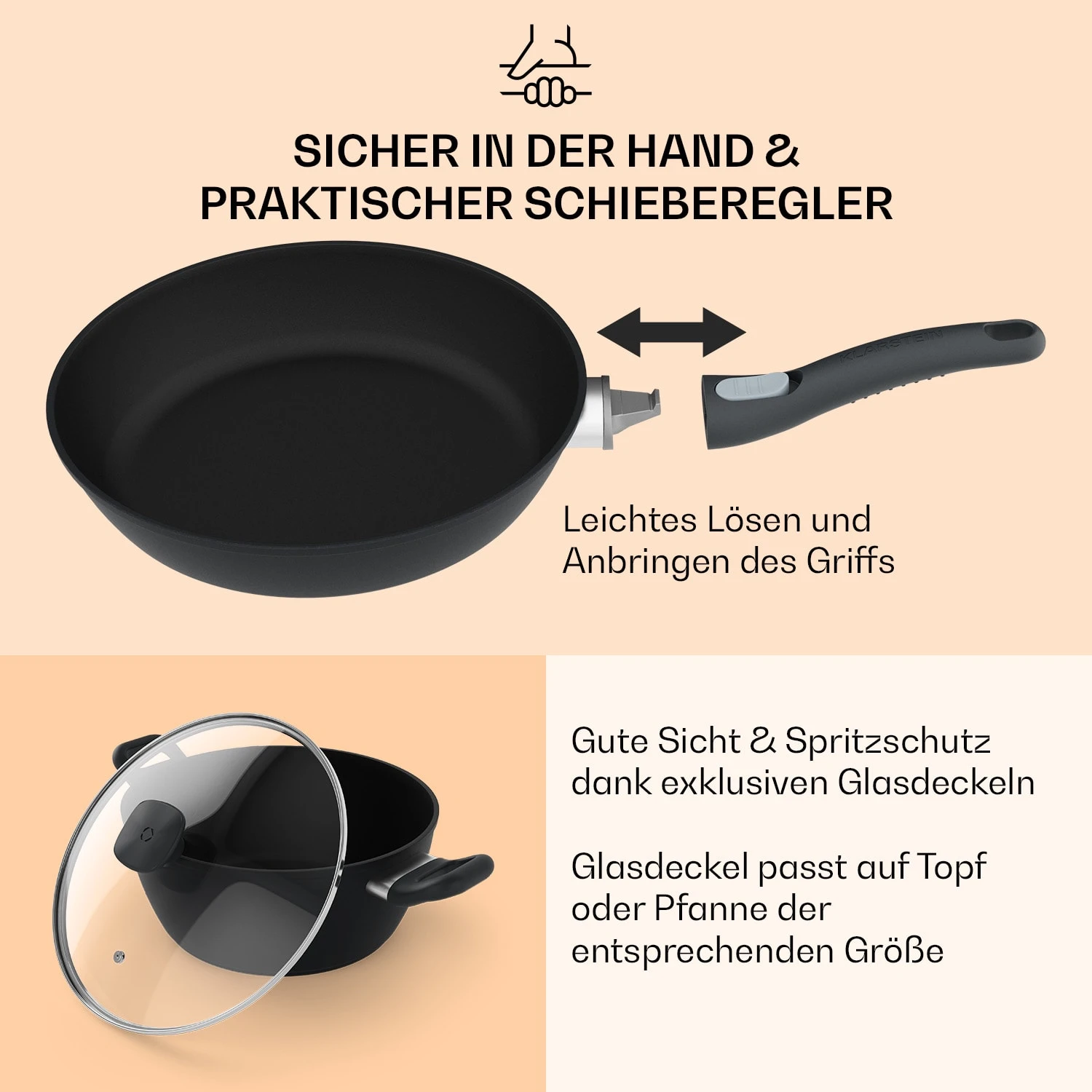 Noto Endurance Topf- und Pfannenset geschmiedetes Aluminium ergonomische Griffe Glasdeckel Filz Noto Endurance Topf- Und Pfannenset Geschmiedetes Aluminium Ergonomische Griffe Glasdeckel Filz -Deutschland Klarstein Verkaufs-Shop 60003055 de 0007 usp