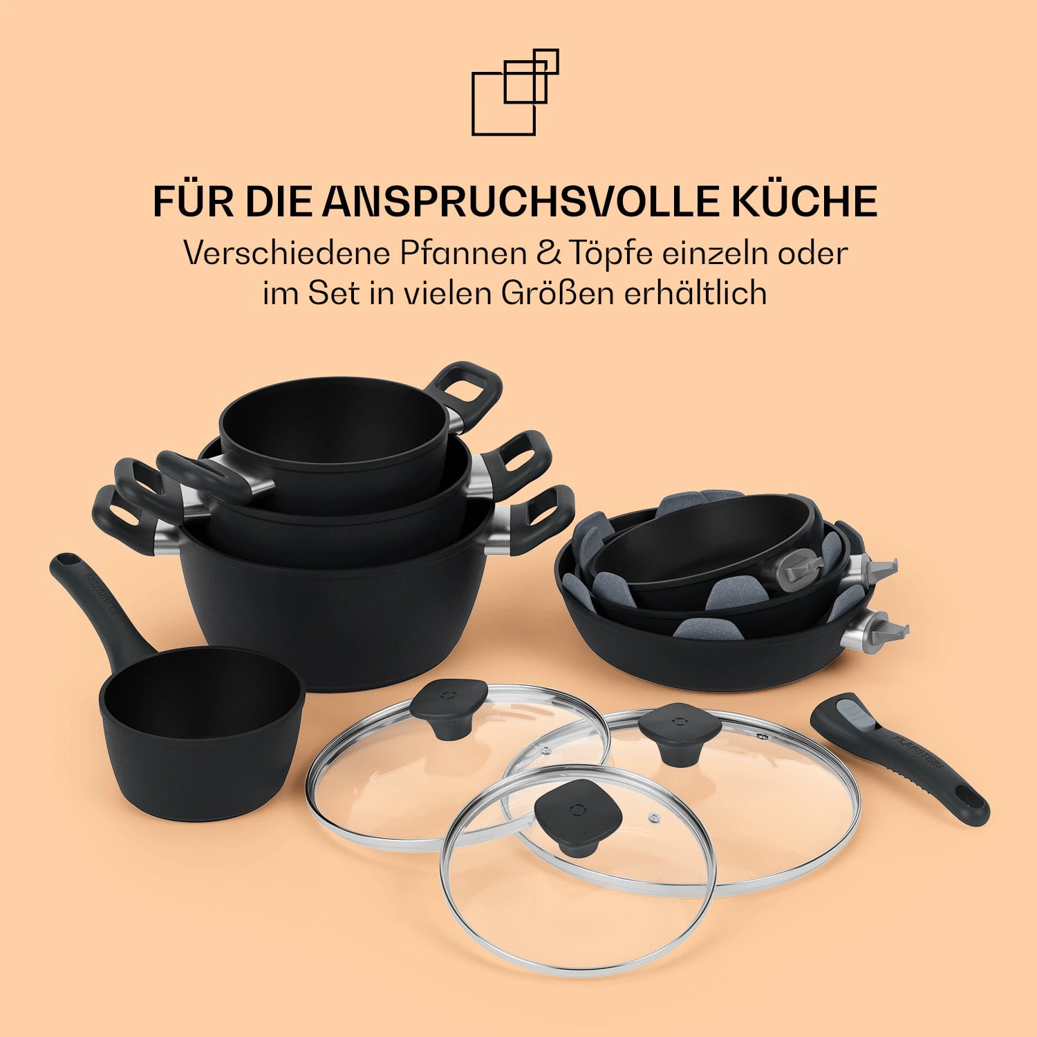 Noto Endurance Topf- und Pfannenset geschmiedetes Aluminium ergonomische Griffe Glasdeckel Filz Noto Endurance Topf- Und Pfannenset Geschmiedetes Aluminium Ergonomische Griffe Glasdeckel Filz -Deutschland Klarstein Verkaufs-Shop 60003055 de 0008 usp