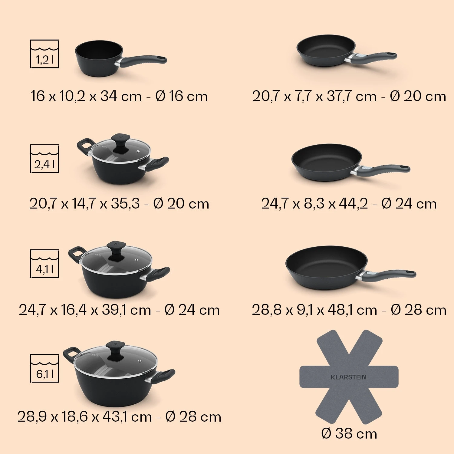 Noto Endurance Topf- und Pfannenset geschmiedetes Aluminium ergonomische Griffe Glasdeckel Filz Noto Endurance Topf- Und Pfannenset Geschmiedetes Aluminium Ergonomische Griffe Glasdeckel Filz -Deutschland Klarstein Verkaufs-Shop 60003055 yy 0009 dimensions